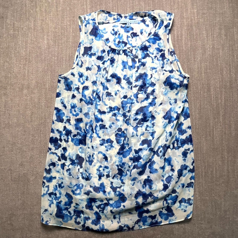 Antonio Melani Womens Blue White Floral Sleeveless Blouse Top Medium Keyhole
